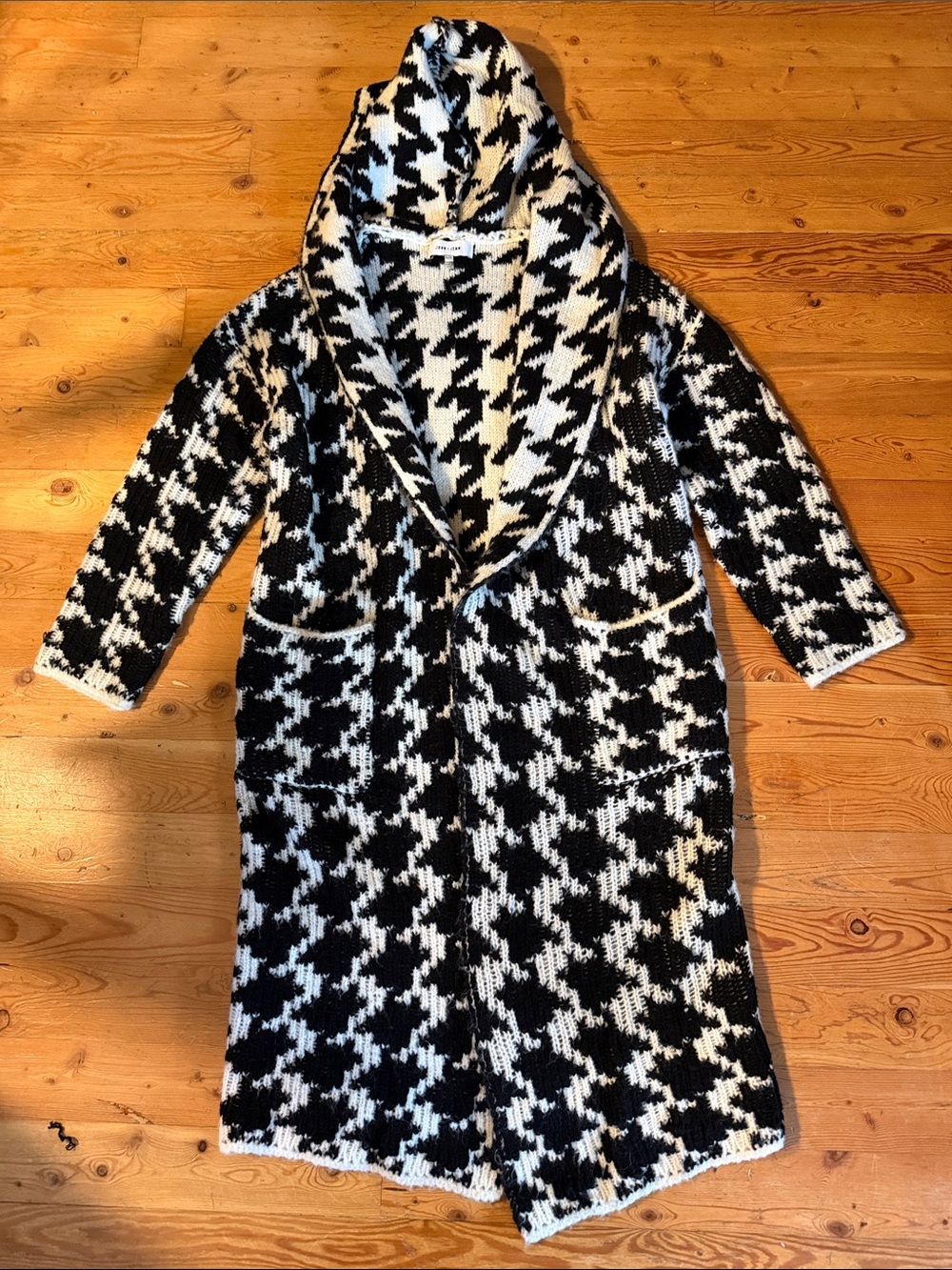 Anthro Black & White Houndstooth Hooded Coatigan - Women’s Long Open-Front